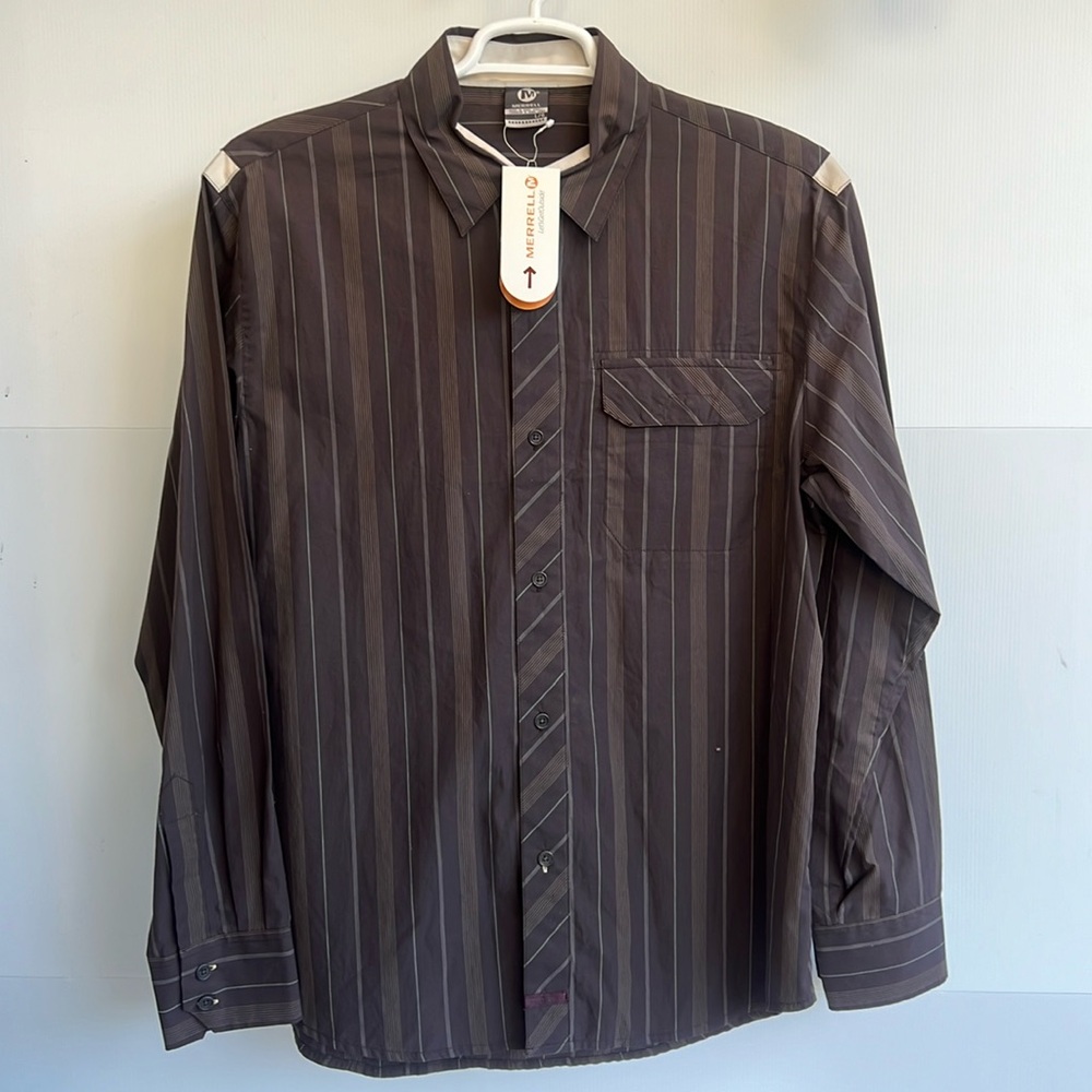 NEW MERRELL Power Pin Stripe Shirt Size L Espresso Brown 100% Cotton Long Sleeve
